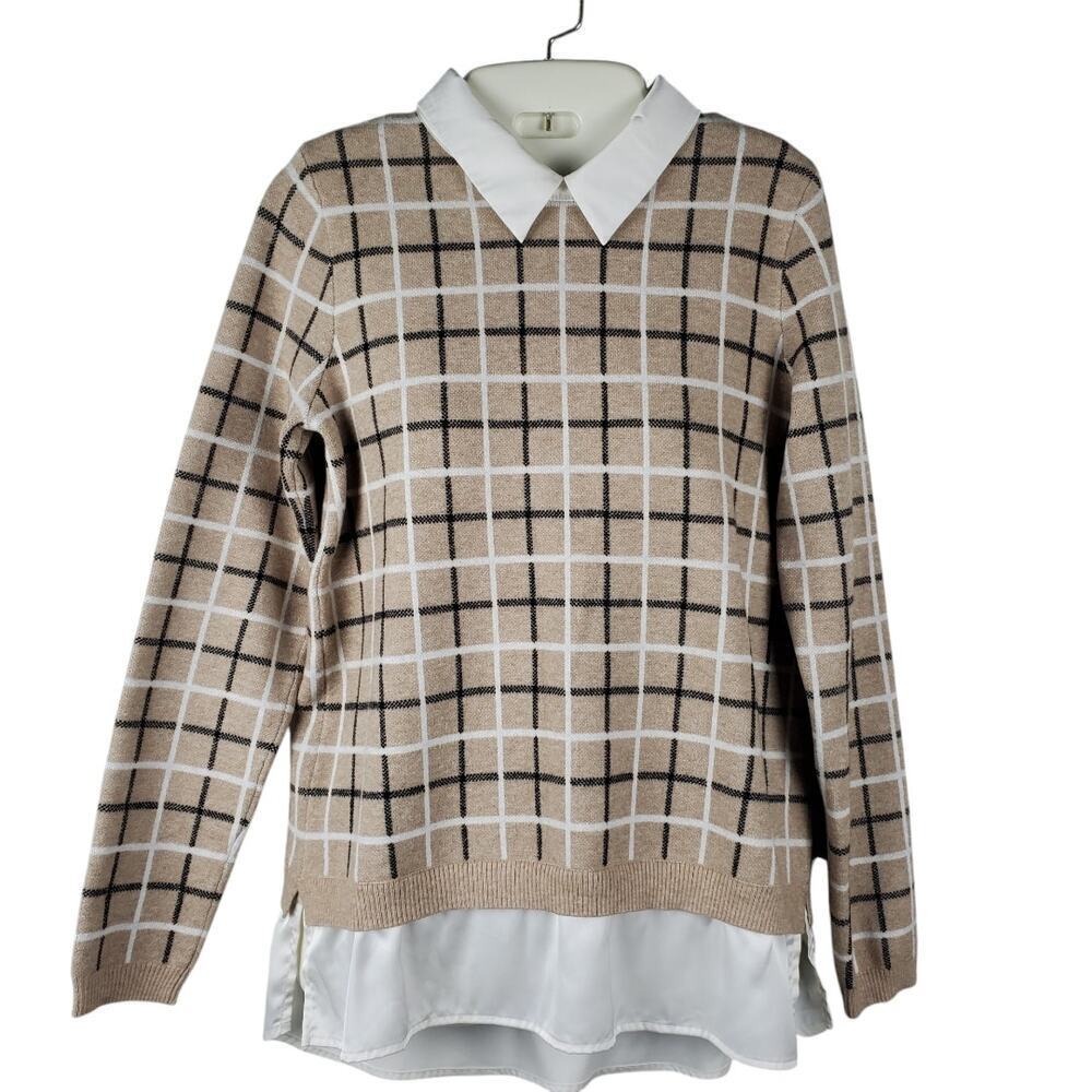 Tahari Preppy Academic Layered Look Plaid Sweater Collared Shacket Vibe Med
